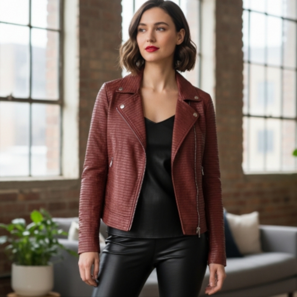 Erin London Burgundy & Black Faux Snakeskin Embossed Leather Moto Jacket